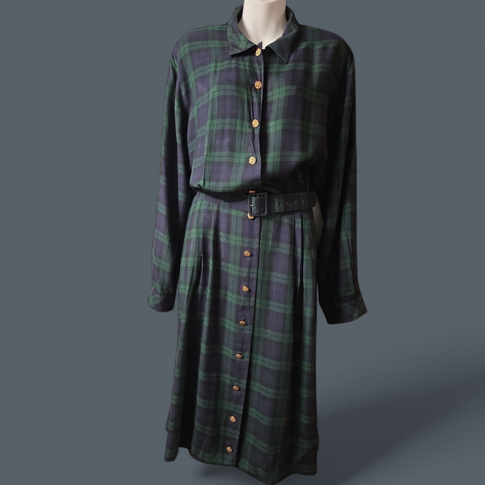 TANNER VTG Chic Plaid DRESS with Belt & Gold Buttons